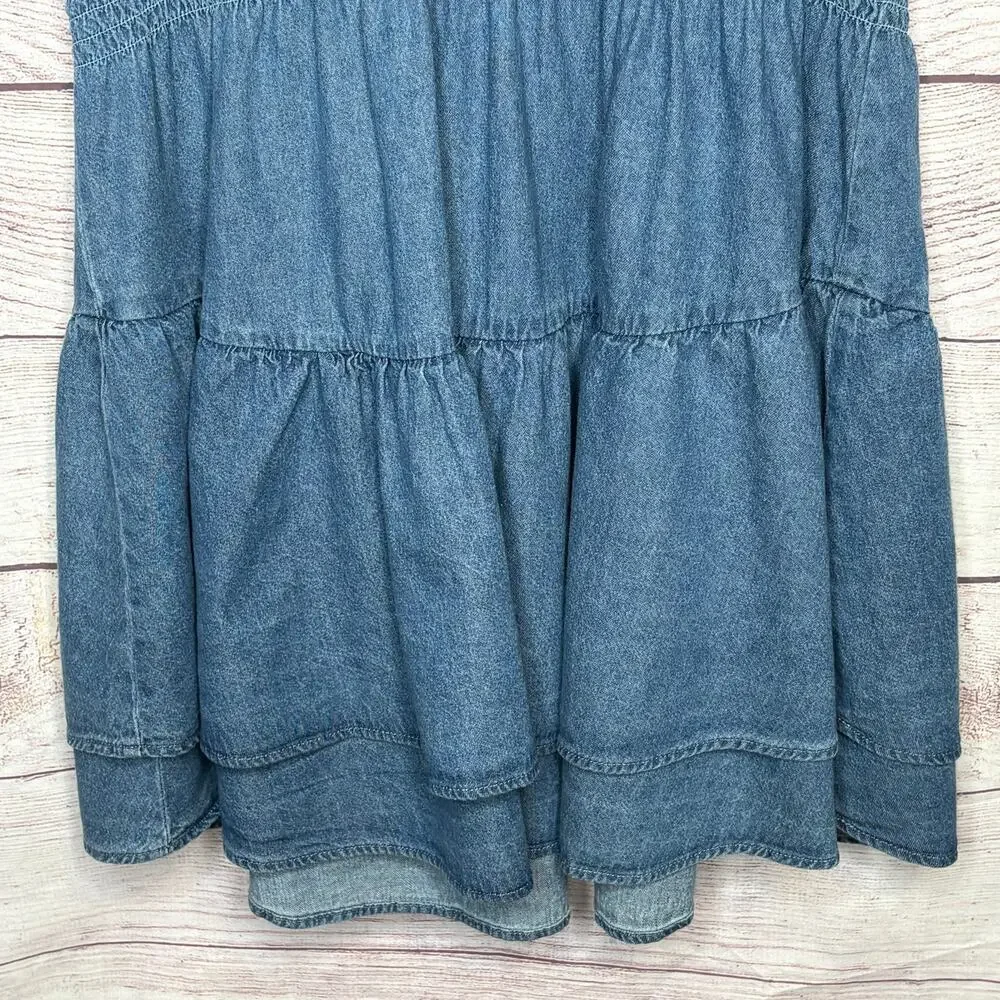Steve Madden Prairie Dreams Chambray Blue Western Smocked Dress Size Large New - Picture 9 of 14
